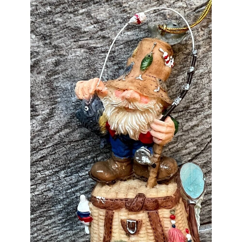 Fisherman Christmas ornament fishing Creel Lure Vintage Folk Art Elf Gnome